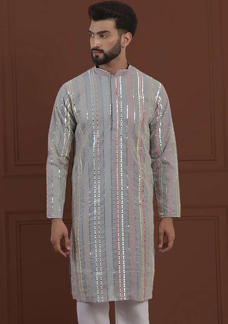 Grey Embroidered Poly Blend Kurta For Men - Indya