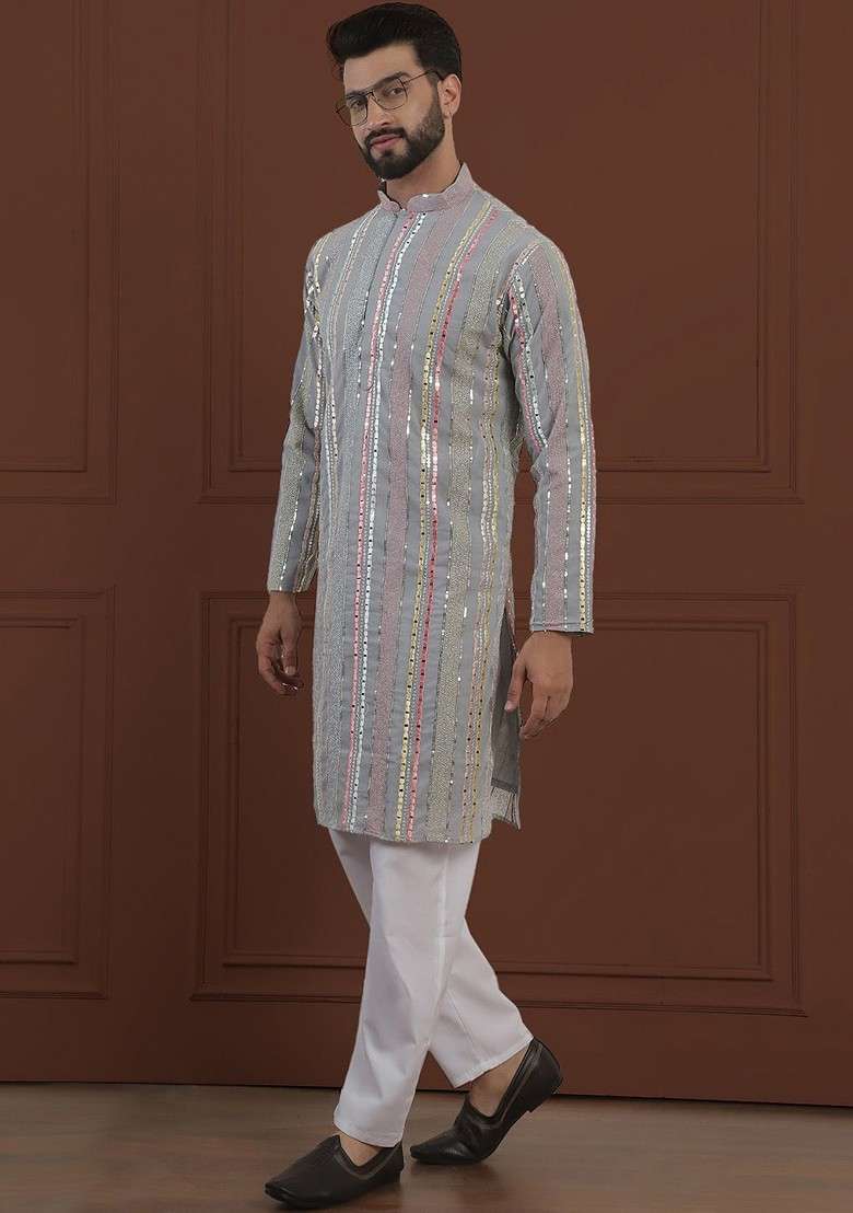 Grey Embroidered Poly Blend Kurta For Men - Indya