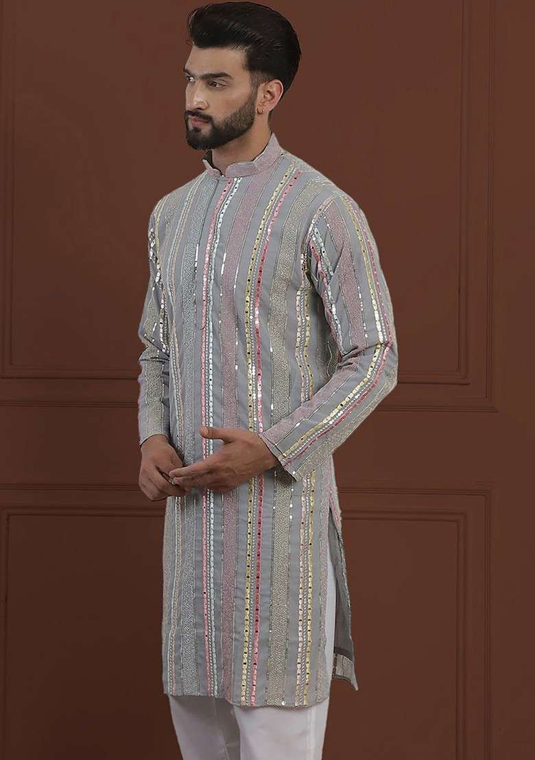 Grey Embroidered Poly Blend Kurta For Men - Indya