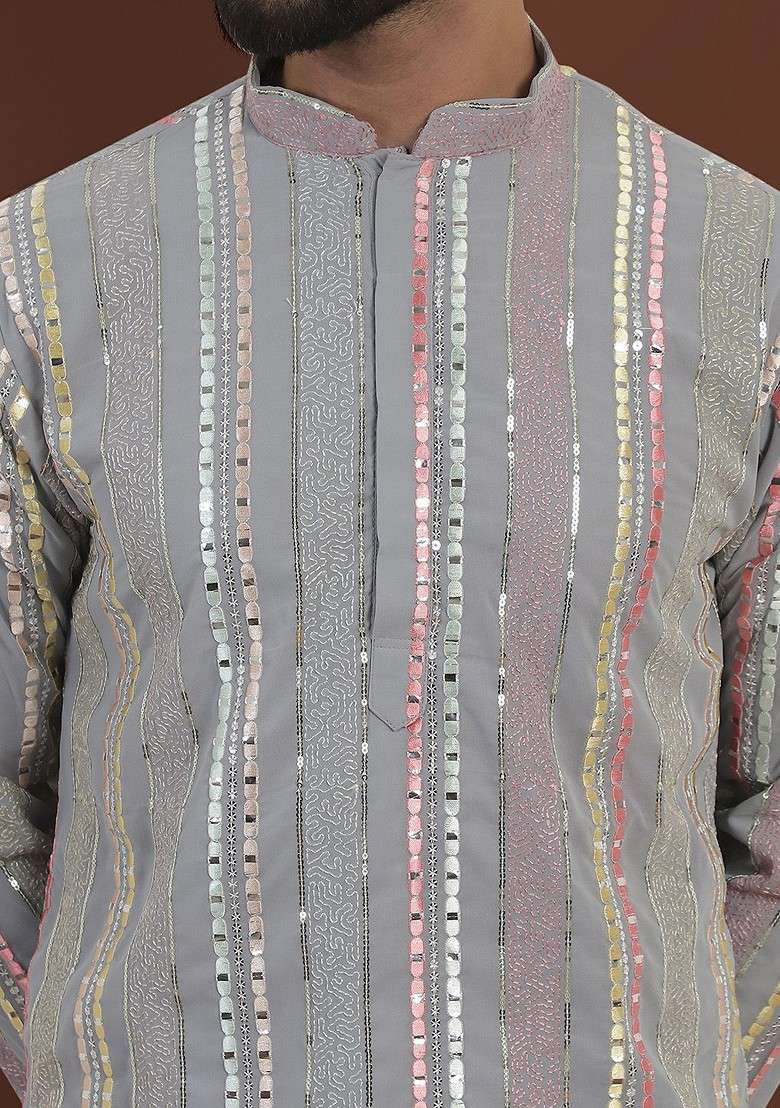 Grey Embroidered Poly Blend Kurta For Men - Indya
