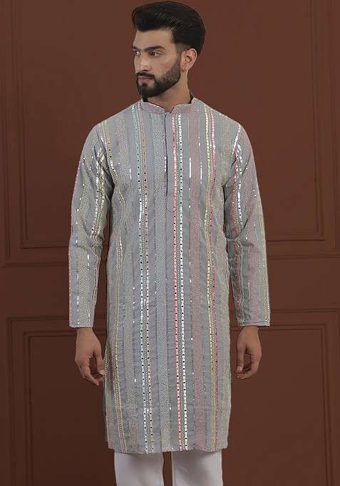 Grey Embroidered Poly Blend Kurta For Men