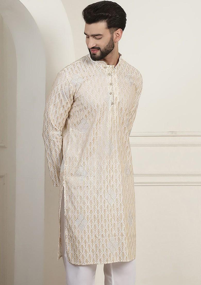 Cream Woven Cotton Kurta For Men