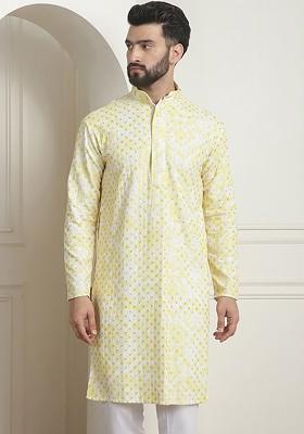 Yellow Embroidered Cotton Kurta For Men