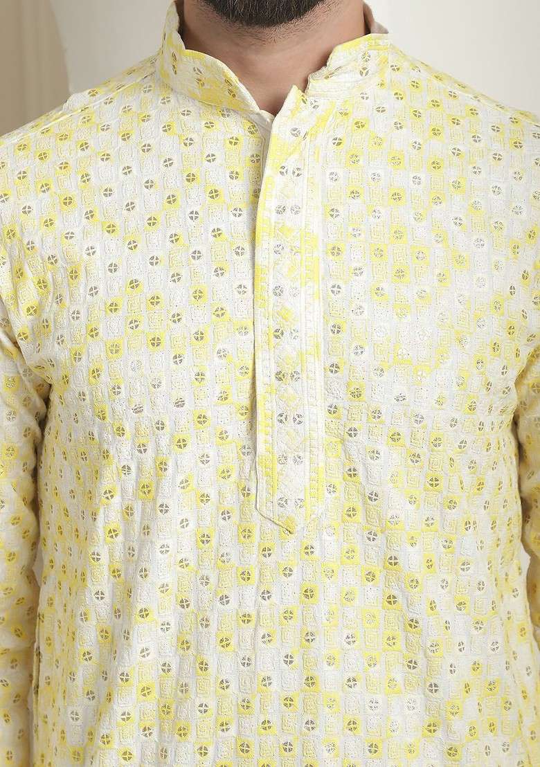 Yellow Embroidered Cotton Kurta For Men - Indya