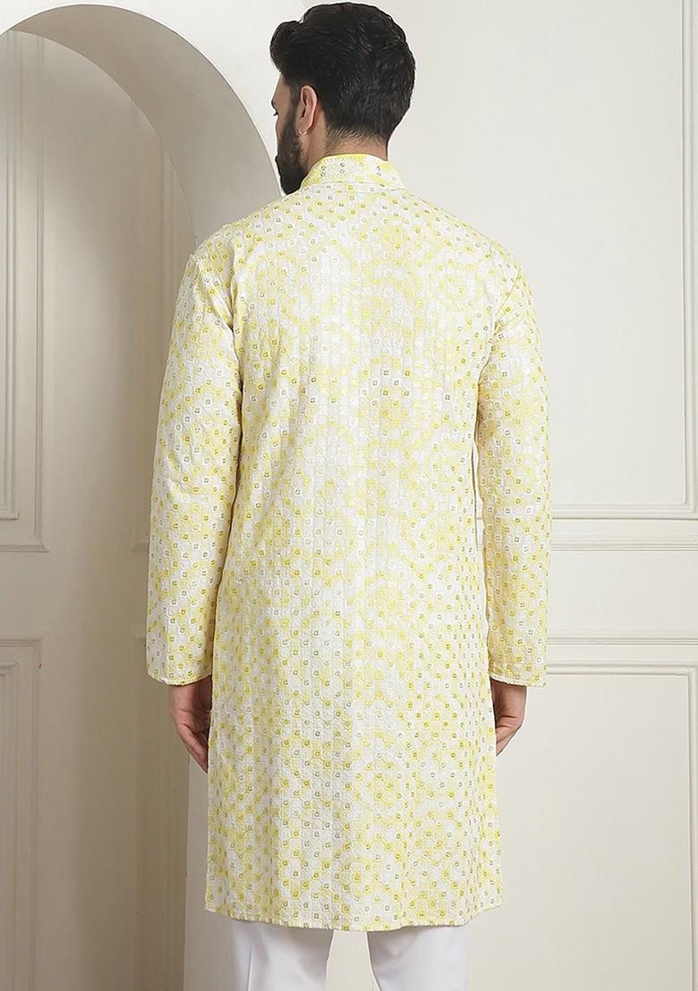 Yellow Embroidered Cotton Kurta For Men