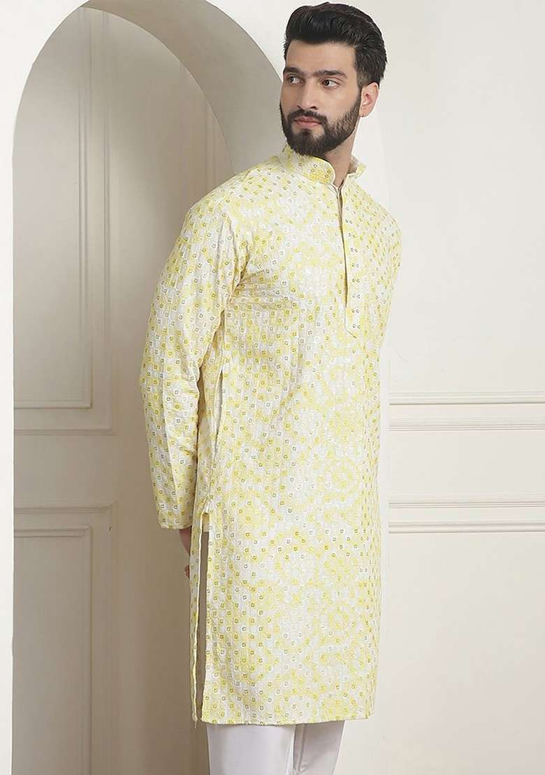 Yellow Embroidered Cotton Kurta For Men - Indya