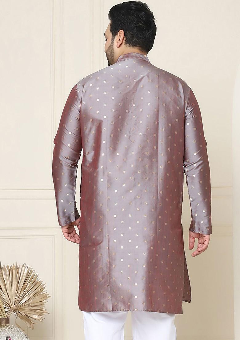 Taupe Brown Geometric Print Jacquard Kurta For Men