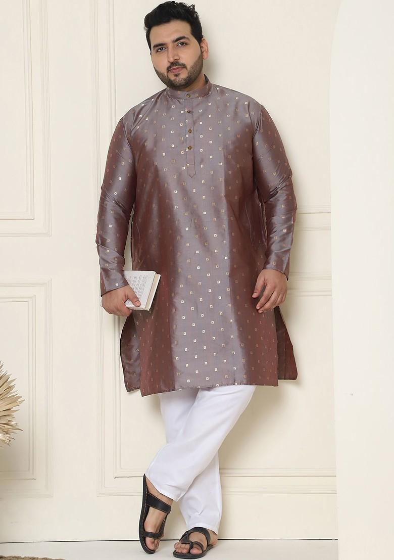 Taupe Brown Geometric Print Jacquard Kurta For Men