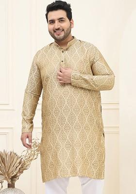Beige Woven Silk Kurta For Men