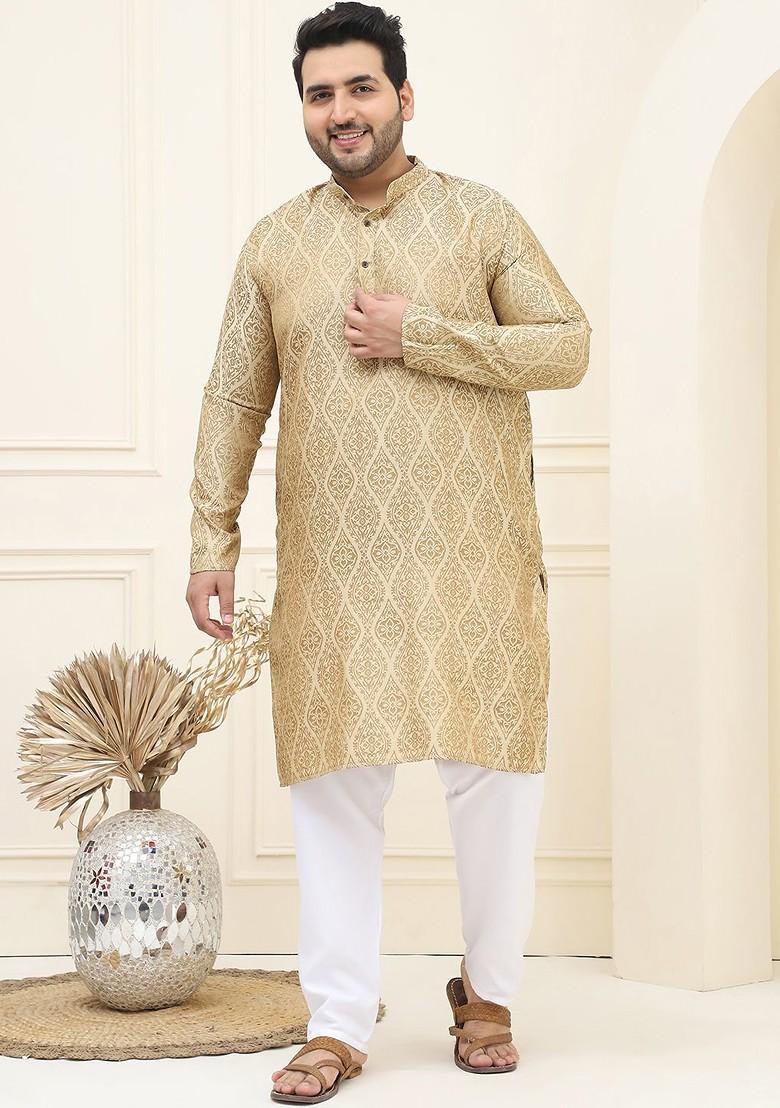 Beige Woven Silk Kurta For Men