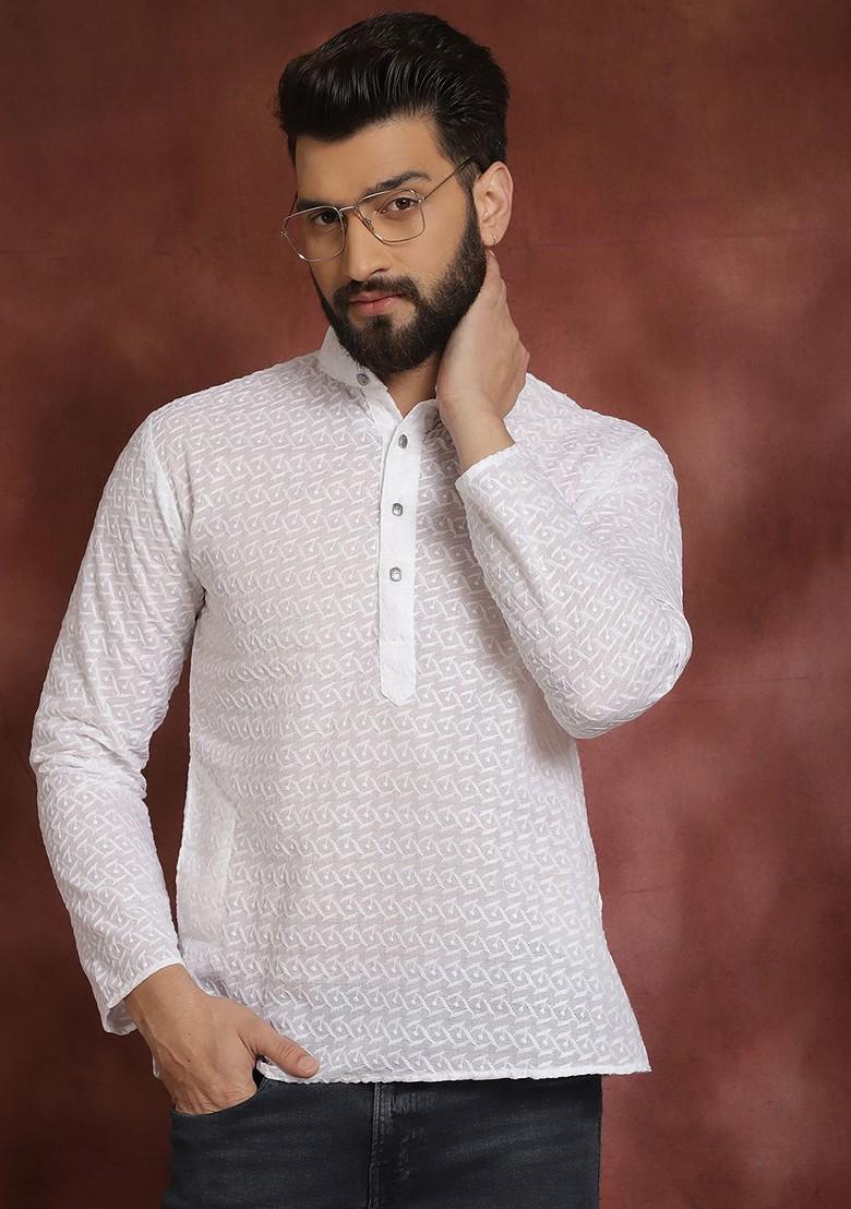 White Embroidered Poly Blend Kurta For Men