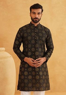Black Printed Poly Blend Kurta For Men