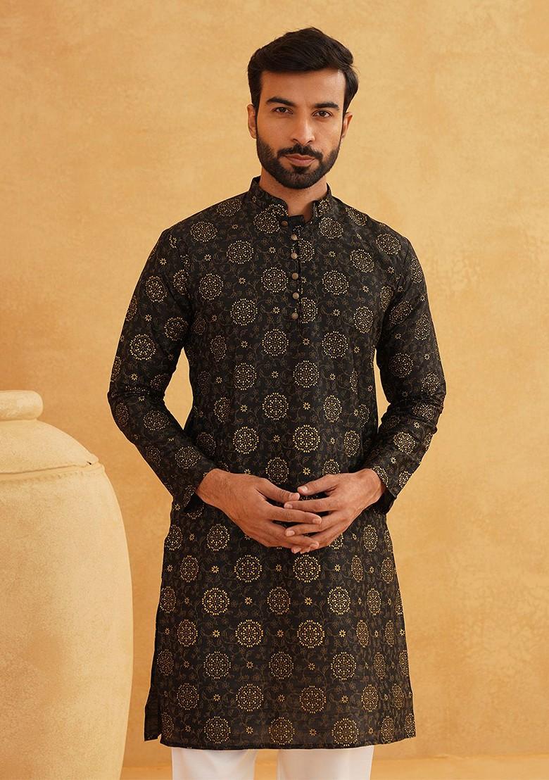 Black Printed Poly Blend Kurta For Men