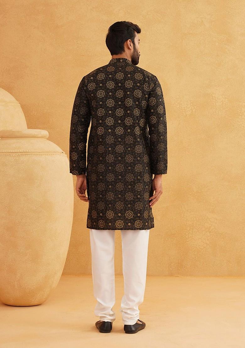 Black Printed Poly Blend Kurta For Men