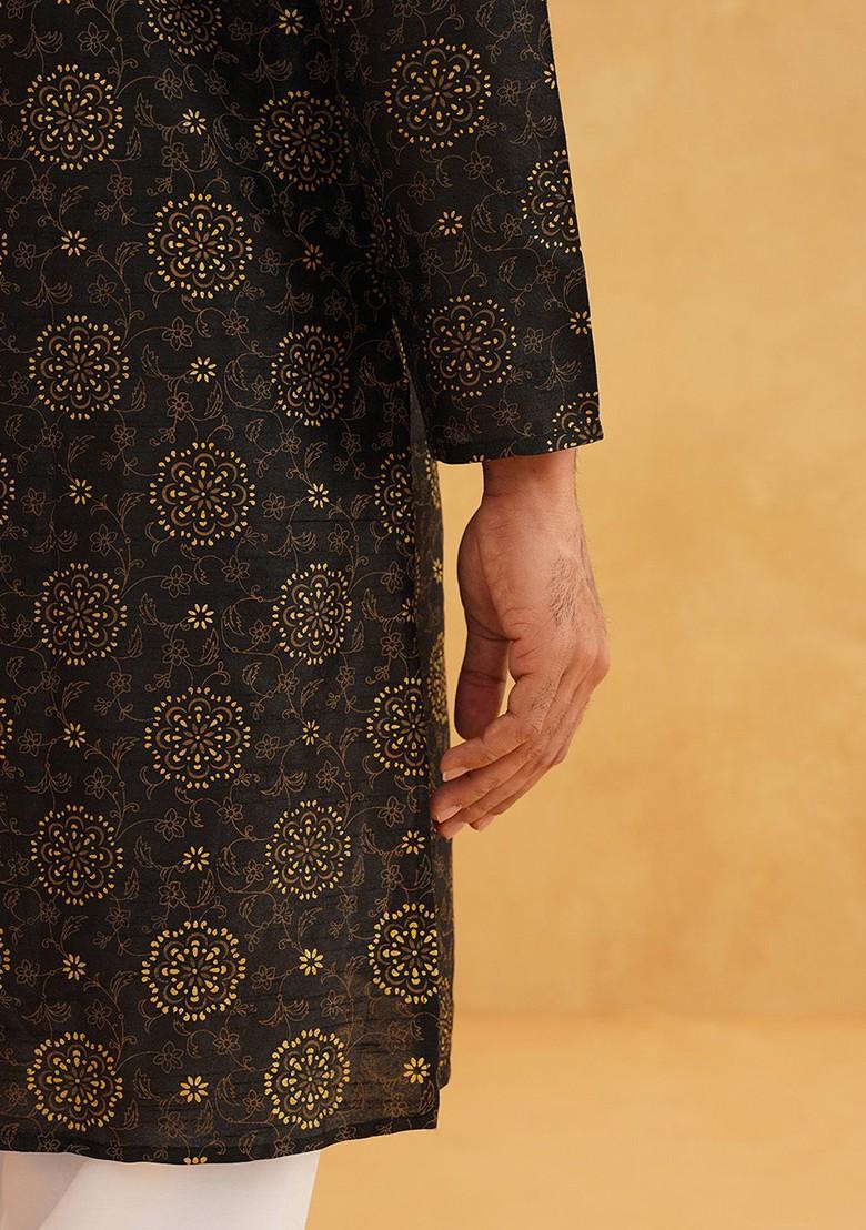 Black Printed Poly Blend Kurta For Men