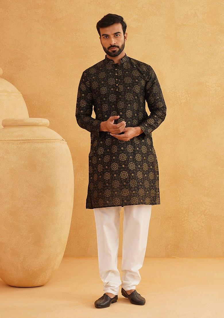Black Printed Poly Blend Kurta For Men
