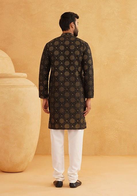 Black Printed Poly Blend Kurta For Men