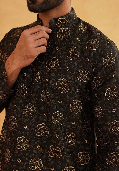 Black Printed Poly Blend Kurta For Men