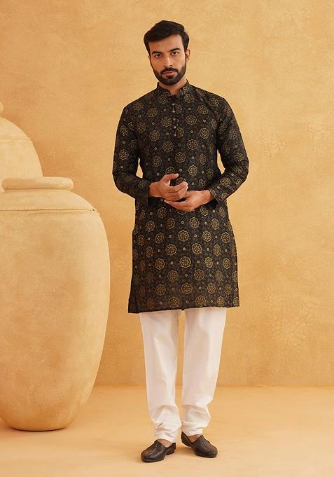 Black Printed Poly Blend Kurta For Men