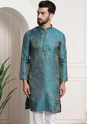 Teal Blue Solid Jacquard Kurta For Men