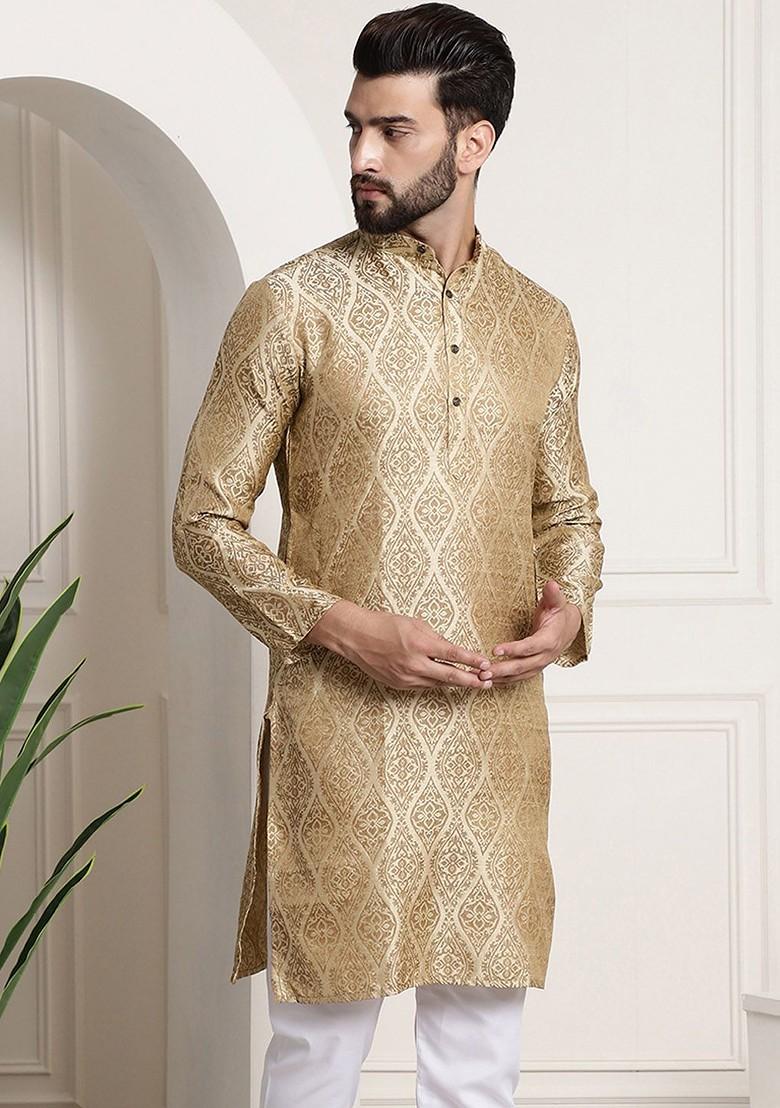 Beige Ethnic Motifs Jacquard Kurta For Men