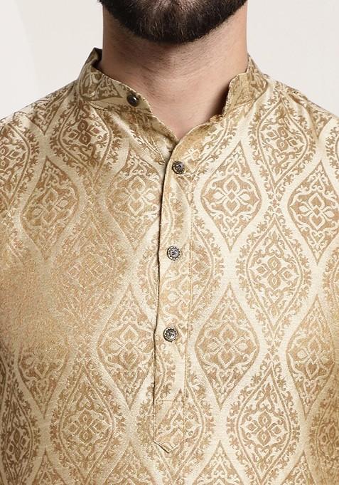 Beige Ethnic Motifs Jacquard Kurta For Men