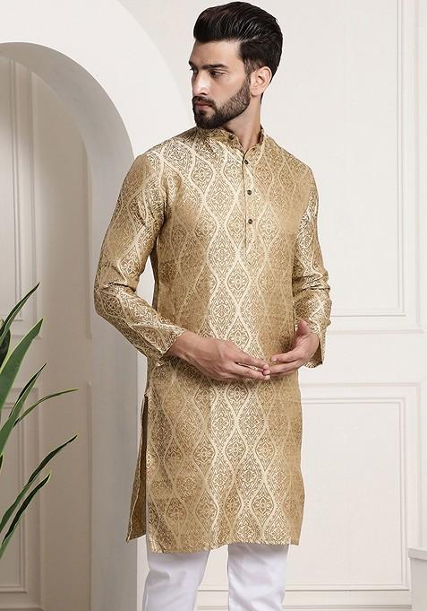 Beige Ethnic Motifs Jacquard Kurta For Men