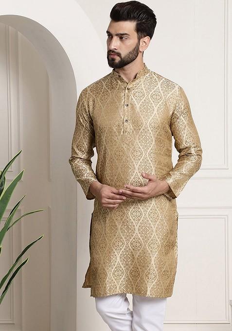 Beige Ethnic Motifs Jacquard Kurta For Men