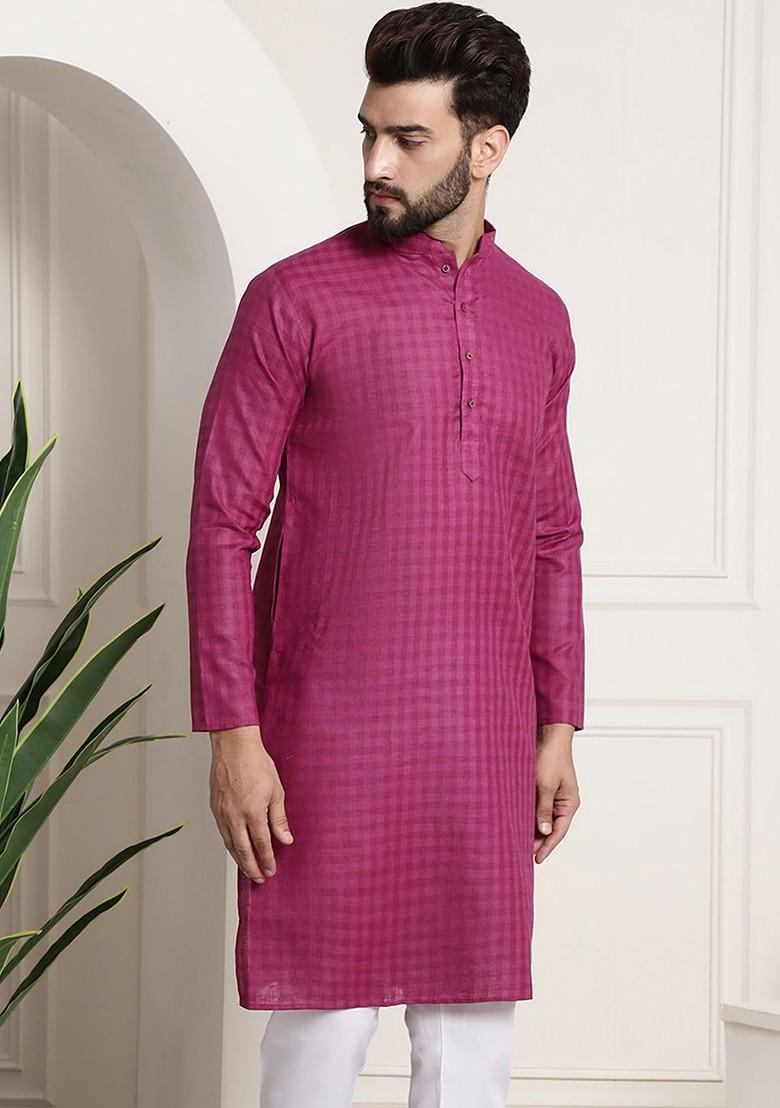 Magenta Checked Poly Blend Kurta For Men