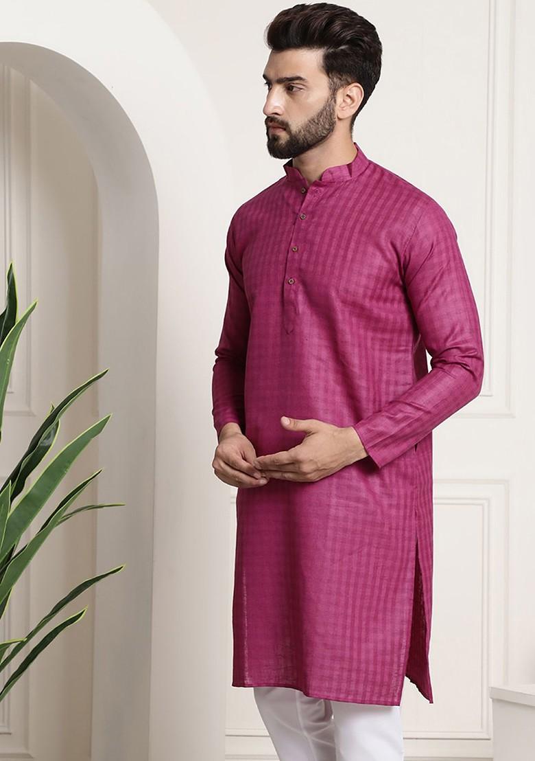 Magenta Checked Poly Blend Kurta For Men