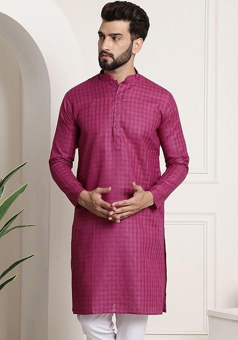 Magenta Checked Poly Blend Kurta For Men