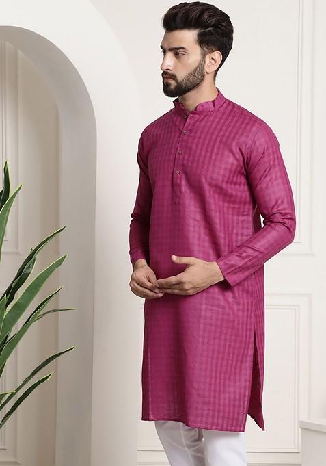 Magenta Checked Poly Blend Kurta For Men
