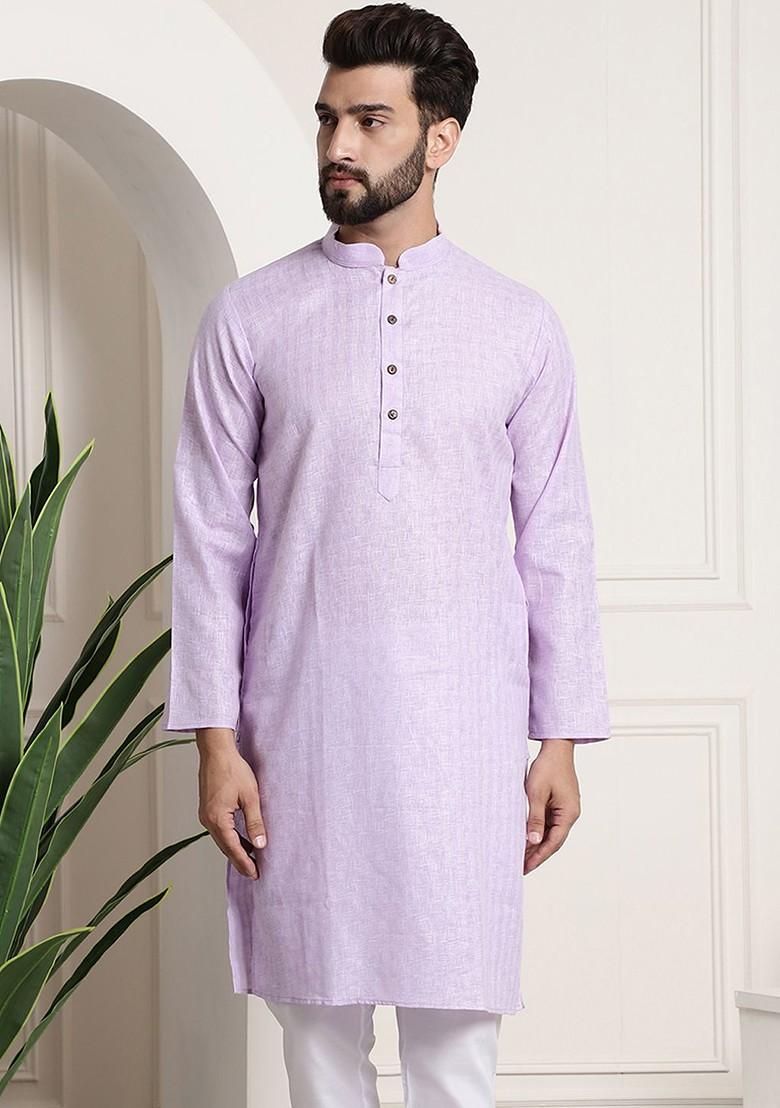 Purple Checked Poly Blend Kurta For Men
