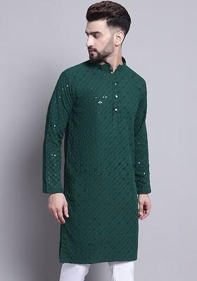 Green Embellished Cotton Kurta For Men