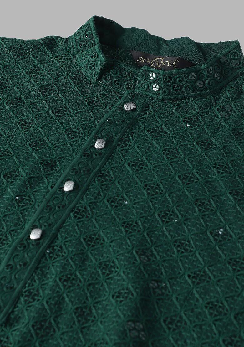 Green Embellished Cotton Kurta For Men