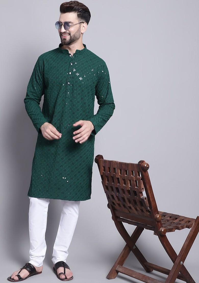 Green Embellished Cotton Kurta For Men