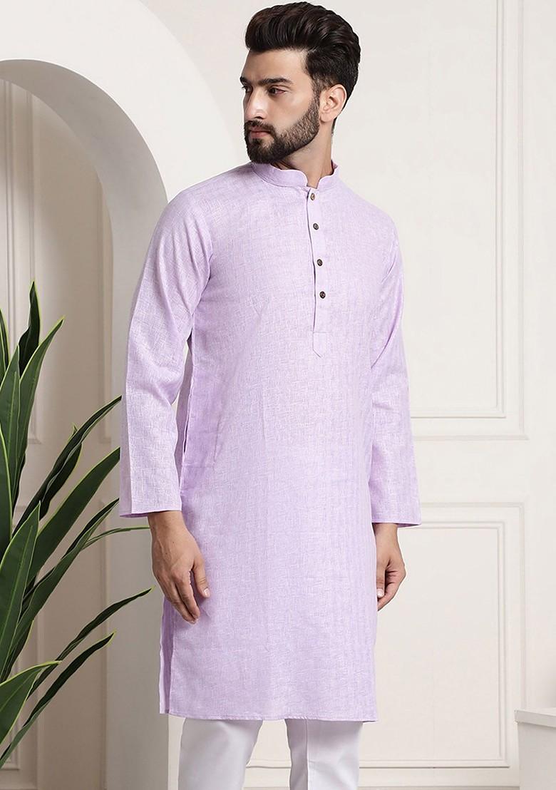 Lavender Checked Poly Blend Kurta For Men