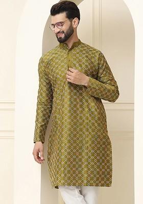 Olive Thread Work Poly Blend Kurta For Men