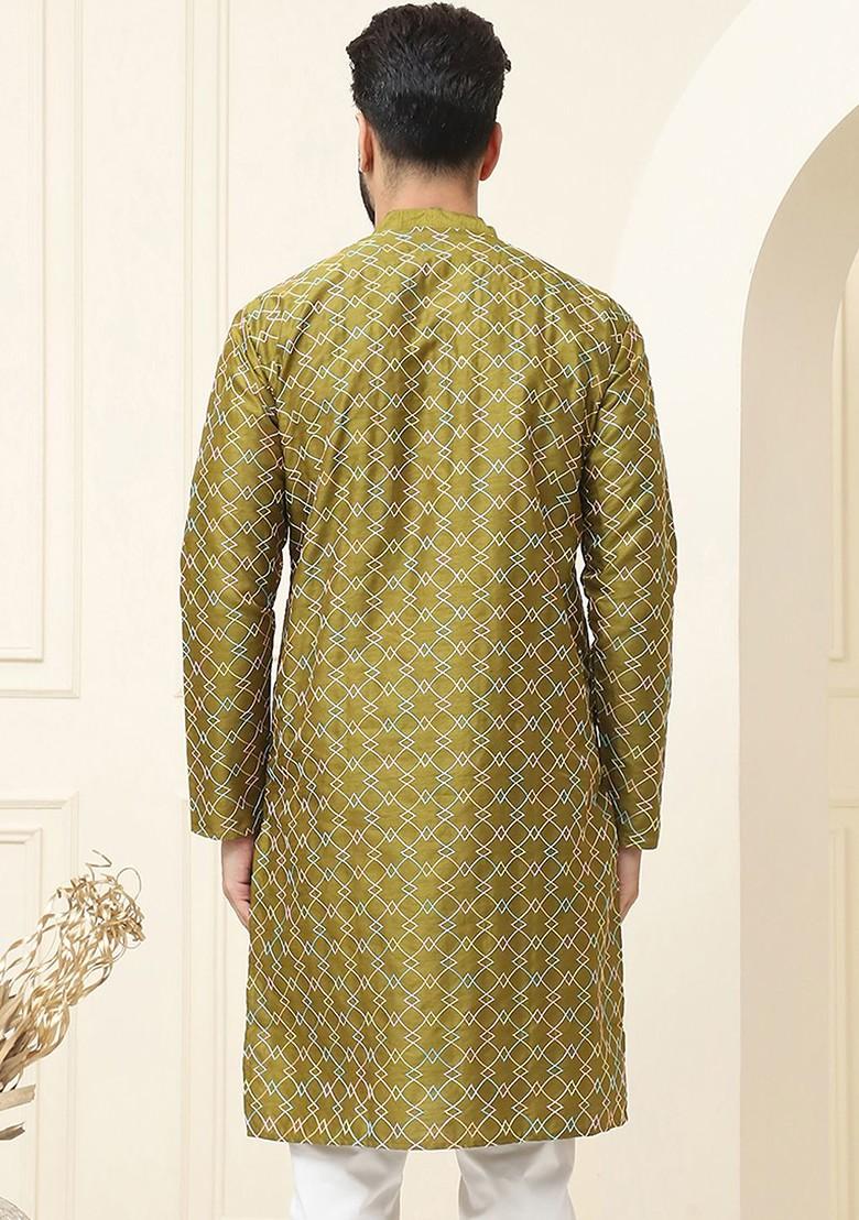 Olive Thread Work Poly Blend Kurta For Men