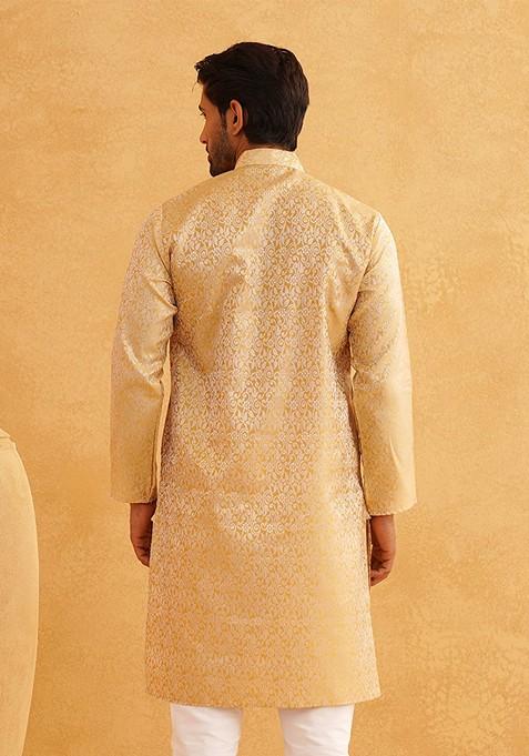 Beige Ethnic Motifs Poly Blend Kurta For Men