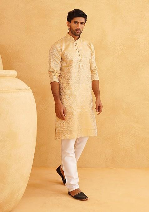 Beige Ethnic Motifs Poly Blend Kurta For Men