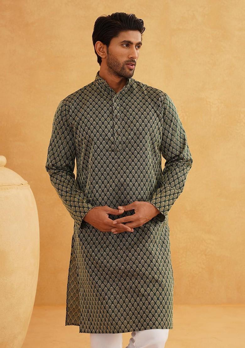 Green Solid Silk Kurta For Men