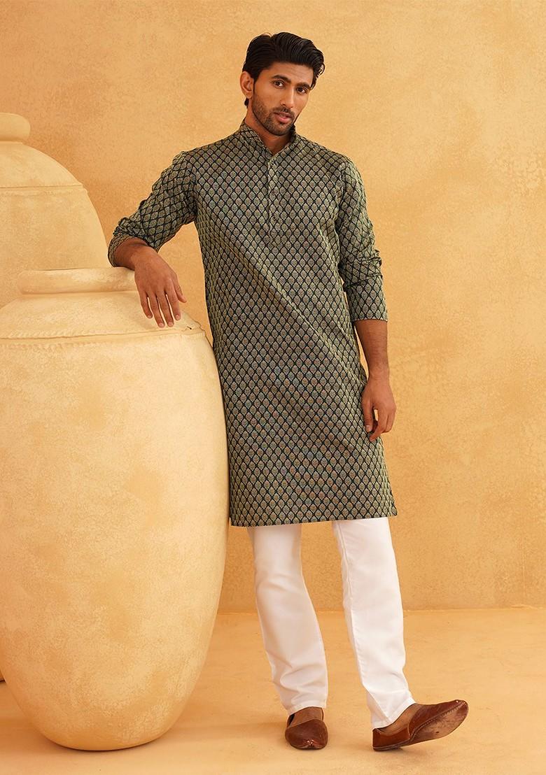 Green Solid Silk Kurta For Men