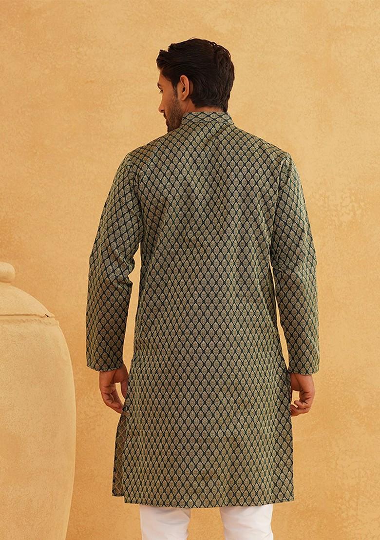 Green Solid Silk Kurta For Men