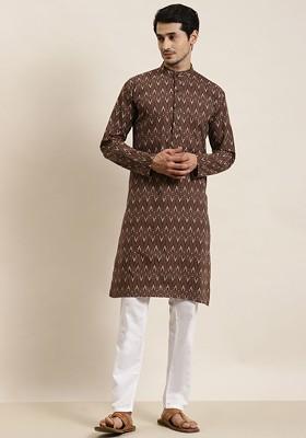 Brown Ethnic Motifs Poly Blend Kurta For Men