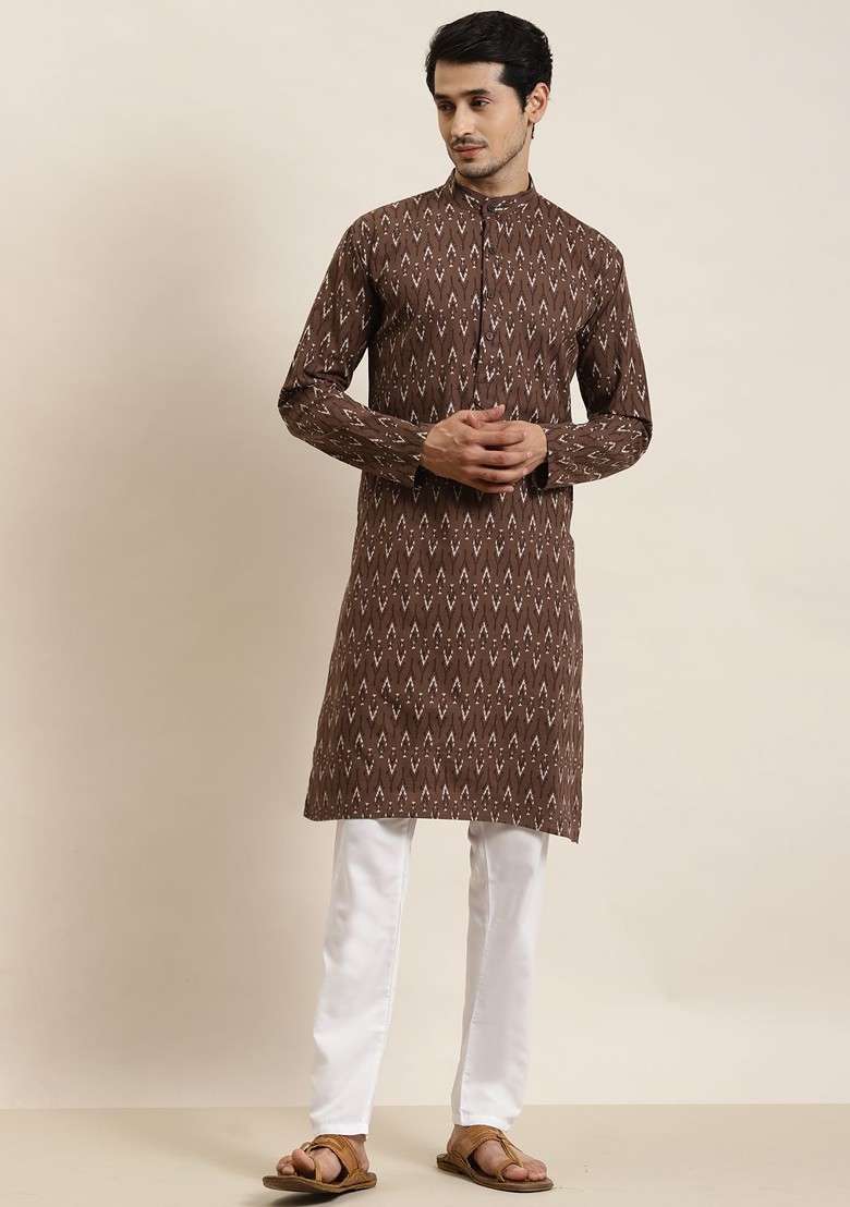 Brown Ethnic Motifs Poly Blend Kurta For Men - Indya
