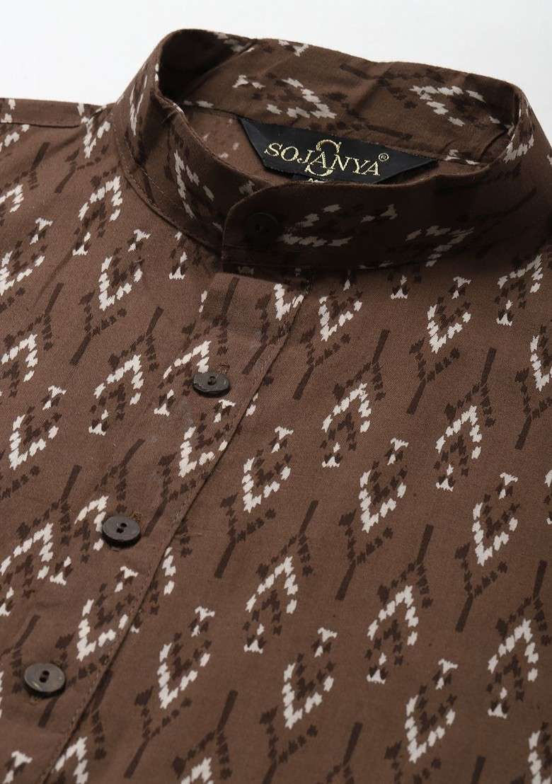 Brown Ethnic Motifs Poly Blend Kurta For Men - Indya
