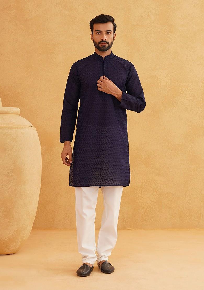 Navy Blue Embroidered Cotton Kurta For Men