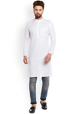 White Solid Poly Blend Kurta For Men