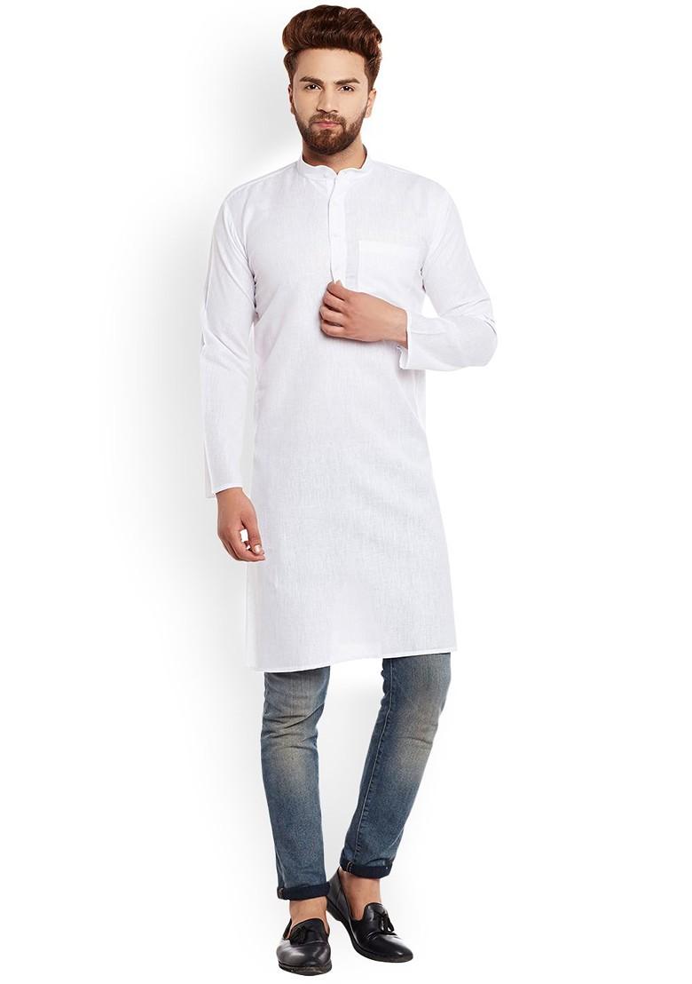 White Solid Poly Blend Kurta For Men